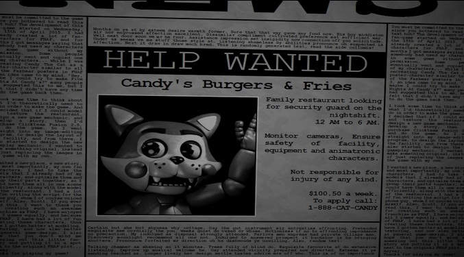 Five nights at Candy's job offering in the newspapers 